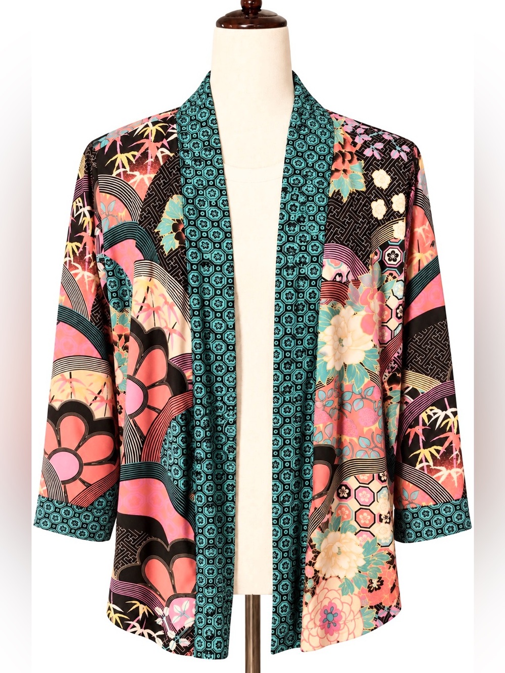 Bob Mackie Asian inspired retro floral print open front "kimono" jacket- M